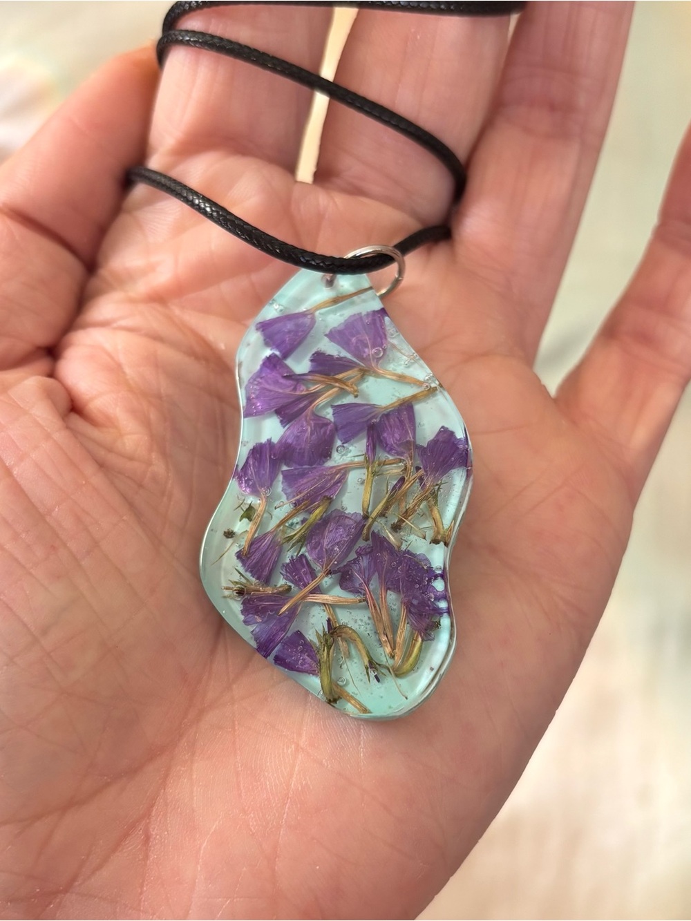 Handmade Resin Pendant Necklace Light Blue with Purple Pressed Flowers
